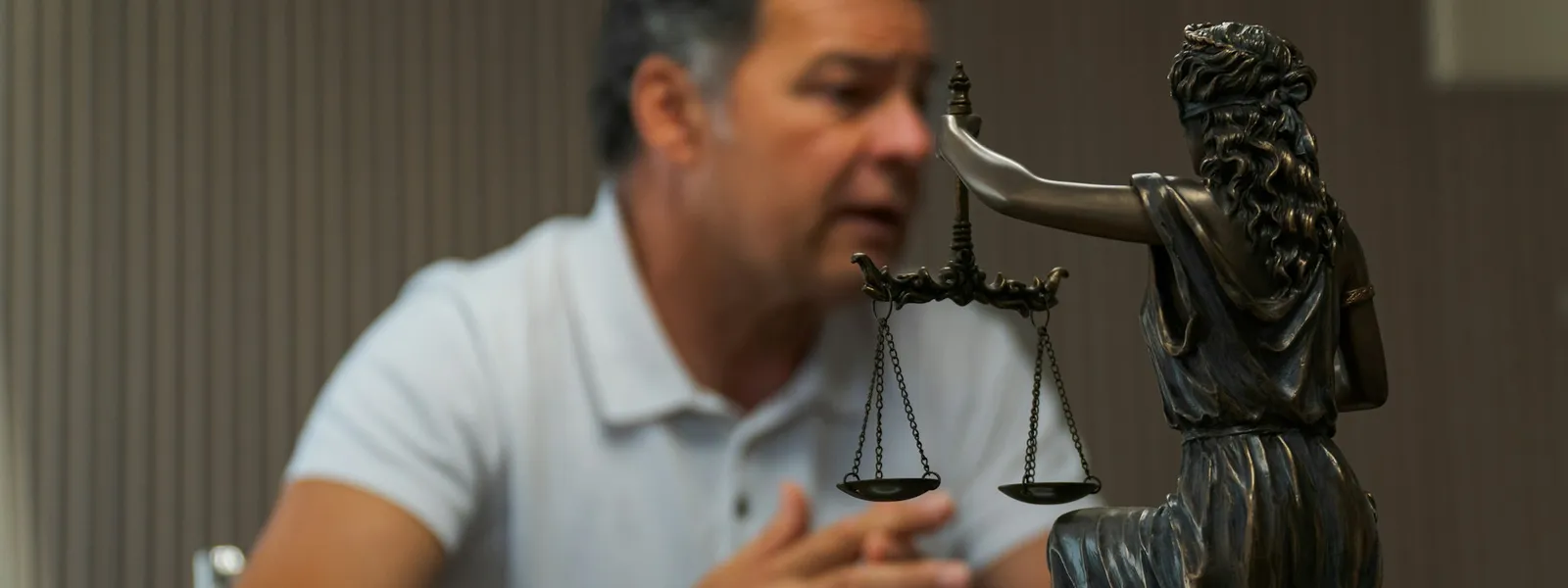 Advogado em seu escritório em segundo plano sob a figura da estatueta da justiça em primeiro plano