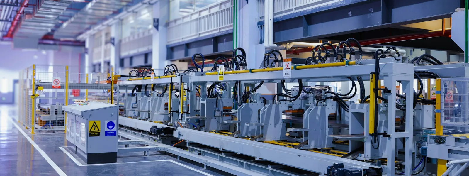 Linha de produção industrial com máquinas modernas e chão limpo