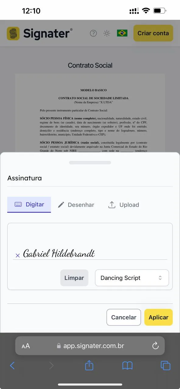 Assinando um contrato pelo celular com o Signater