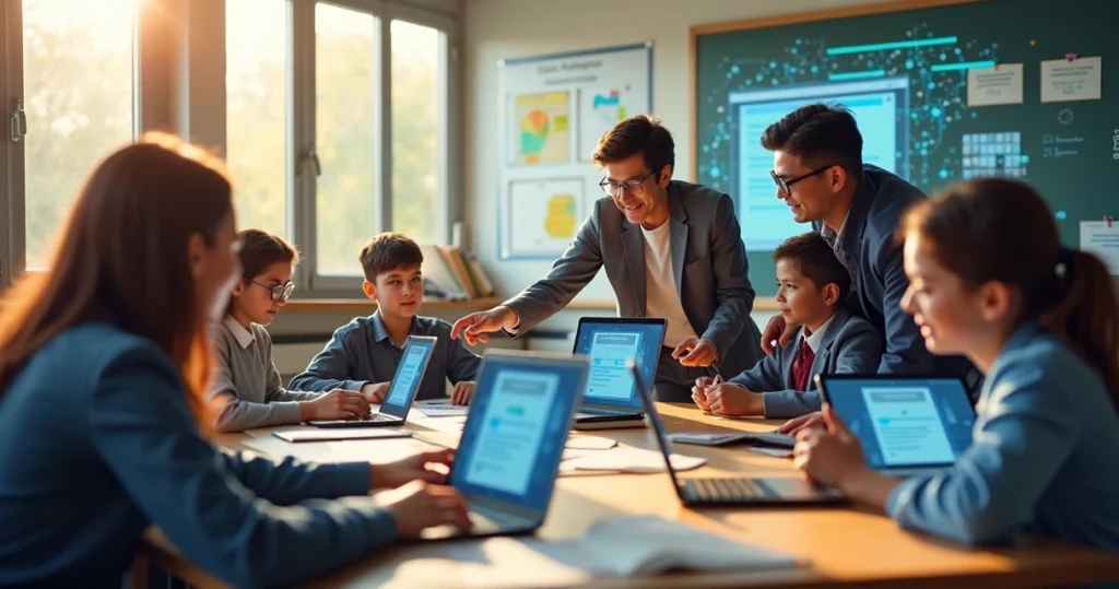 Grupo diversificado de alunos em sala de aula interagindo com dispositivos digitais exibindo diplomas e assinaturas digitais.
