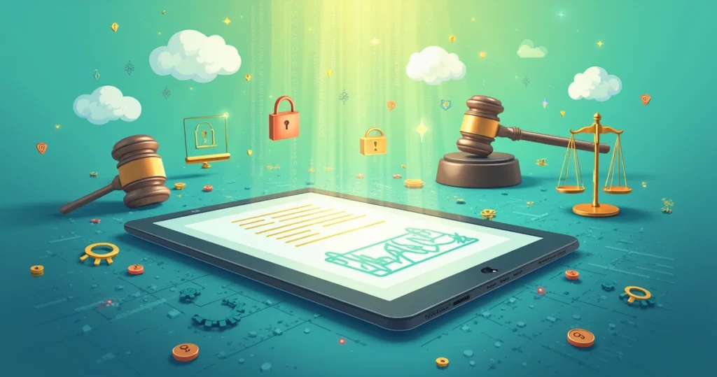 Ilustração de uma assinatura digital em tablet com ícones de tecnologia e símbolos de legislação brasileira.