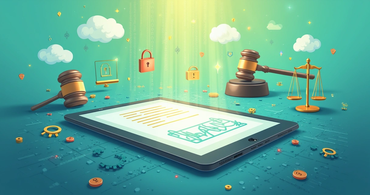 Ilustração de uma assinatura digital em tablet com ícones de tecnologia e símbolos de legislação brasileira.