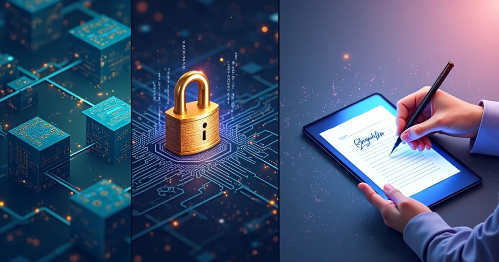 Ilustração interconectando blockchain, criptografia e assinatura digital com detalhes tecnológicos.