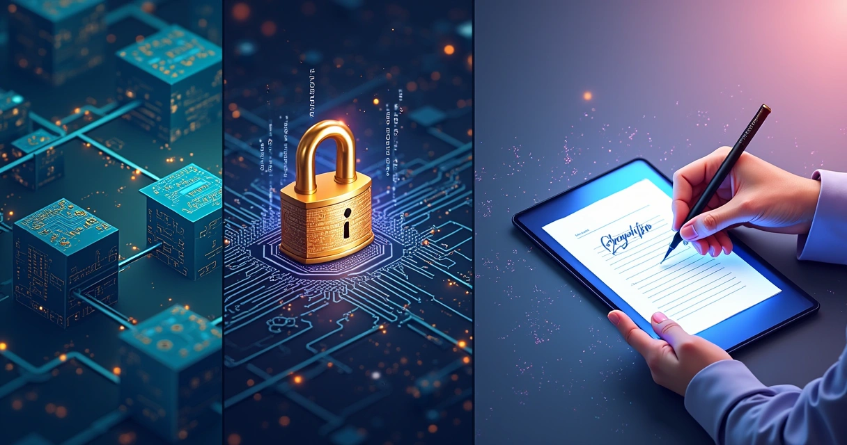Ilustração interconectando blockchain, criptografia e assinatura digital com detalhes tecnológicos.