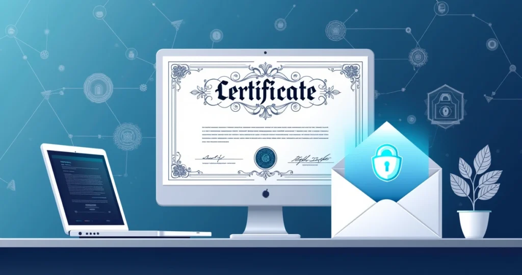 Certificado digital em um ambiente de escritório moderno com elementos de segurança digital.