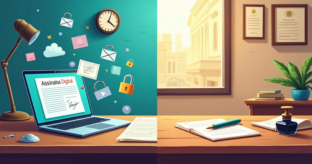 Comparação entre assinatura digital e reconhecimento de firma em cartório, com laptop e mesa de escritório.