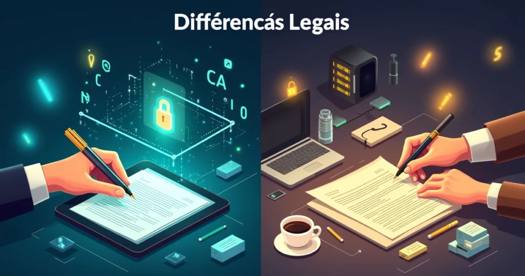 Ilustração das diferenças legais entre assinatura digital e eletrônica com elementos tecnológicos e de escritório.