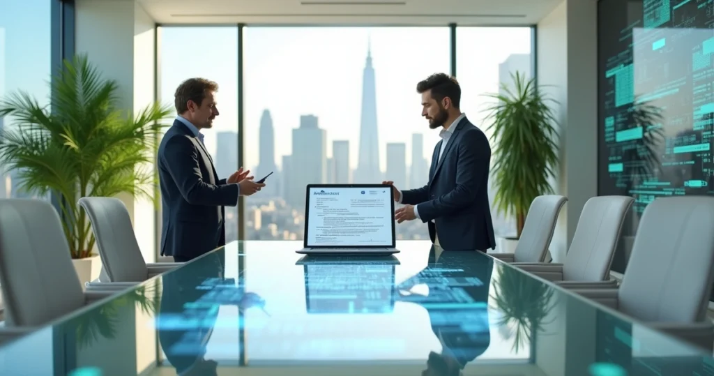 Interior de um escritório imobiliário moderno com tablet exibindo contrato digital e vista da cidade.