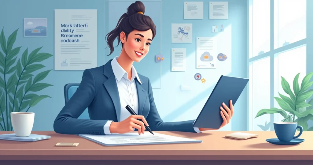Ambiente de escritório moderno com profissional verificando documentos assinados digitalmente em um tablet.