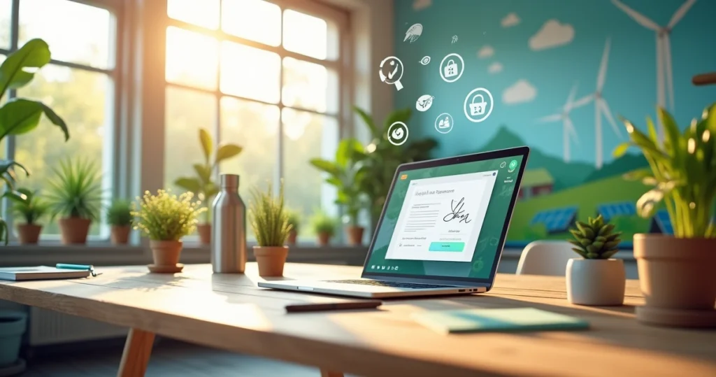 Ambiente de escritório moderno com assinatura digital e elementos sustentáveis, transmitindo responsabilidade ambiental.