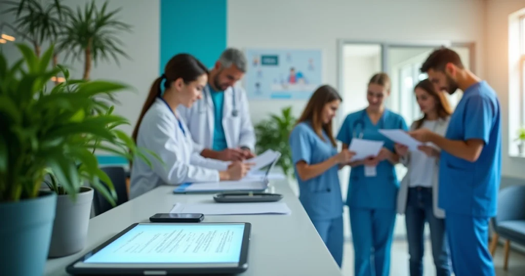 Recepção de clínica com tablet de assinatura digital, profissionais de saúde e pacientes em interação.