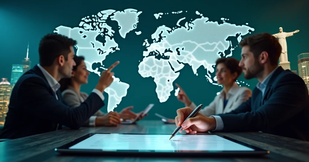 Profissionais discutindo a validade jurídica de assinaturas digitais no Brasil e no mundo, com um tablet em foco.